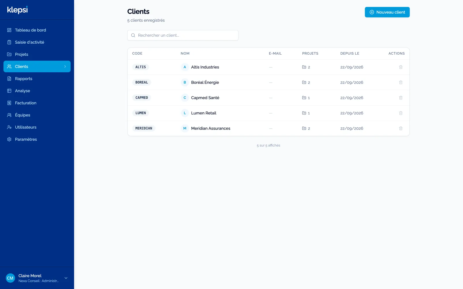 Liste des clients : code, nom, nombre de projets, date de création