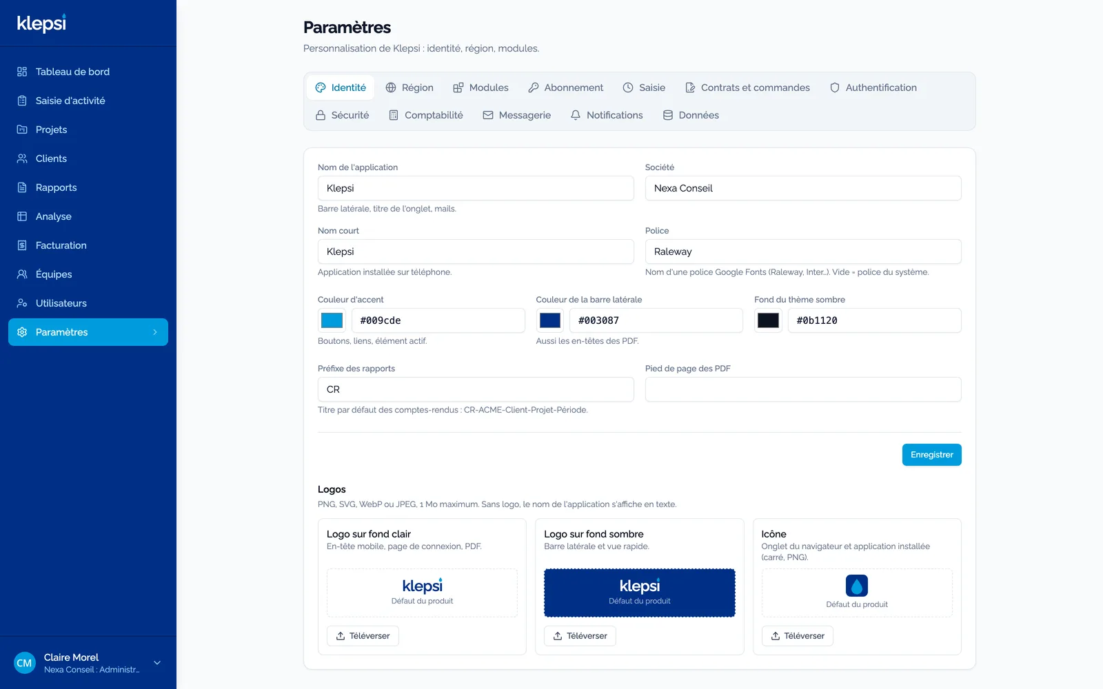 Écran Paramètres : identité, région, modules, abonnement, saisie, contrats, authentification, sécurité, comptabilité, messagerie, notifications, données